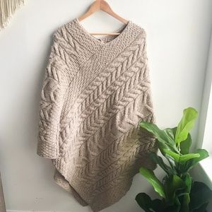 Kilronan Merino Wool Irish Knit Poncho Beige